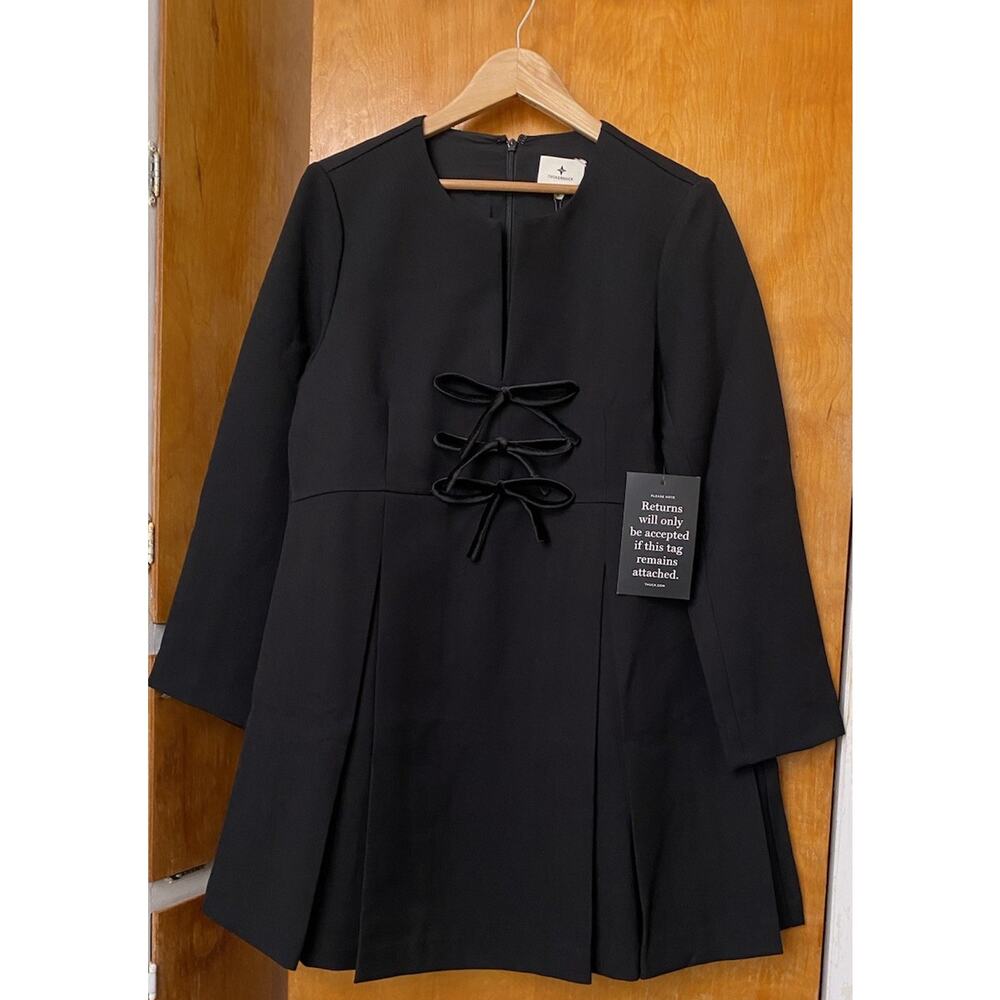 NWT Tuckernuck Black Blair Bow Coat Dress Long Sleeve A-Line Size L Crepe Mini